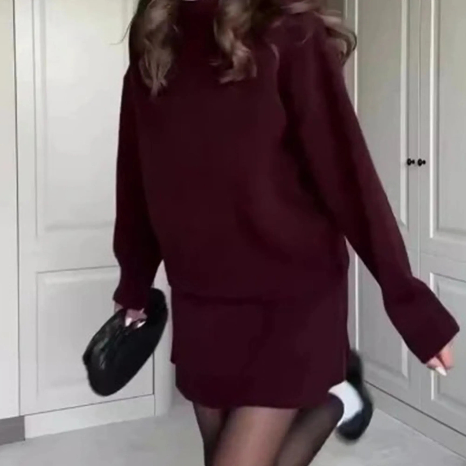 Two Piece Set Dress Women Outfit 2024 Autumn Solid Color Casual Versatile Long Sleeved Knitted Top High Waisted Mini Skirt Set 241107