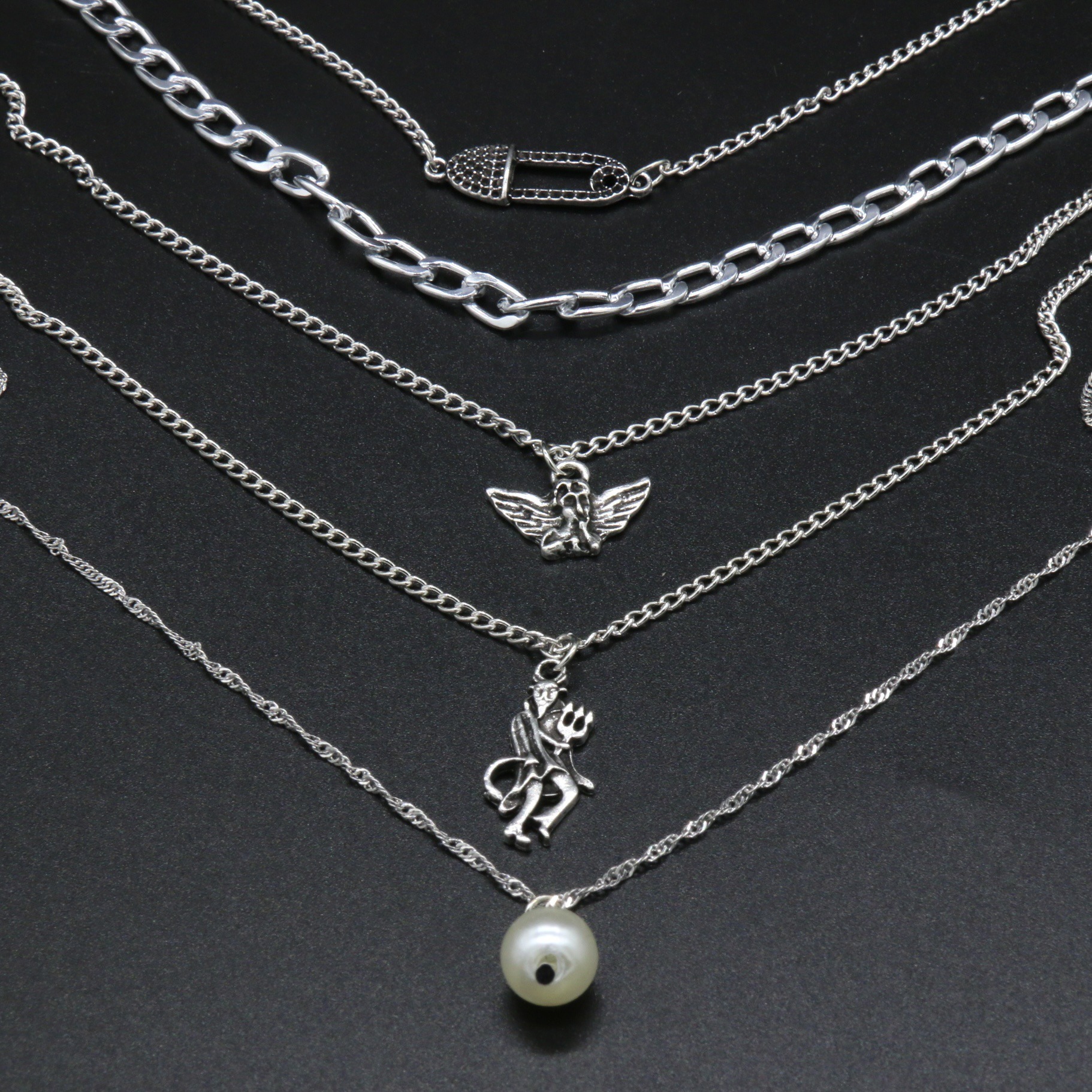 European and American Retro Popular Metal Chain Layered Necklace New Antique Silver Devil Angel Pearl Pendant Multi-layer Necklace