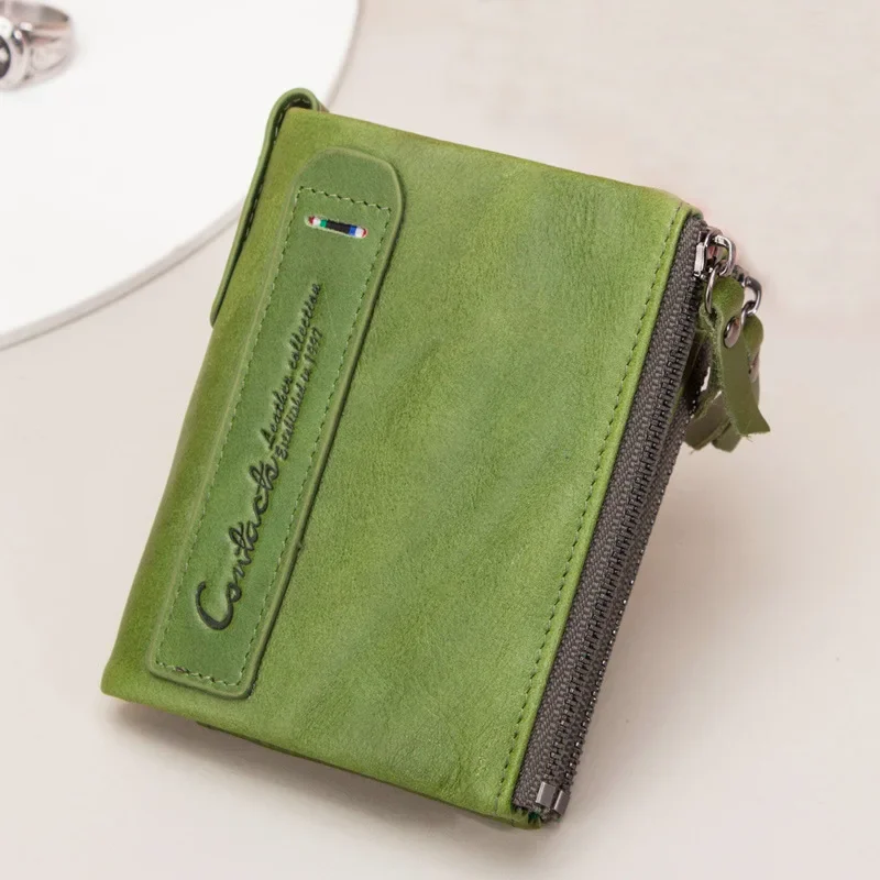 Genuine Leather Wallets for Women Men Short Bifold Fashion Green Purses Card Holder Coin Purse Money Clip Banknote Clutch Wallet