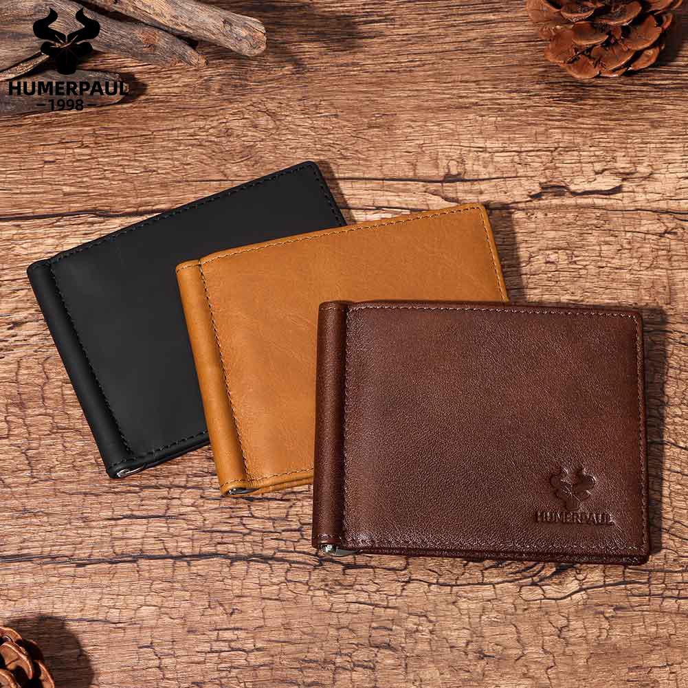 Ultra-thin Men's Money Clip Wallet Vintage Genuine Leather Bifold Card Holder Purse Mini High Quality Male Money Purse Cartera
