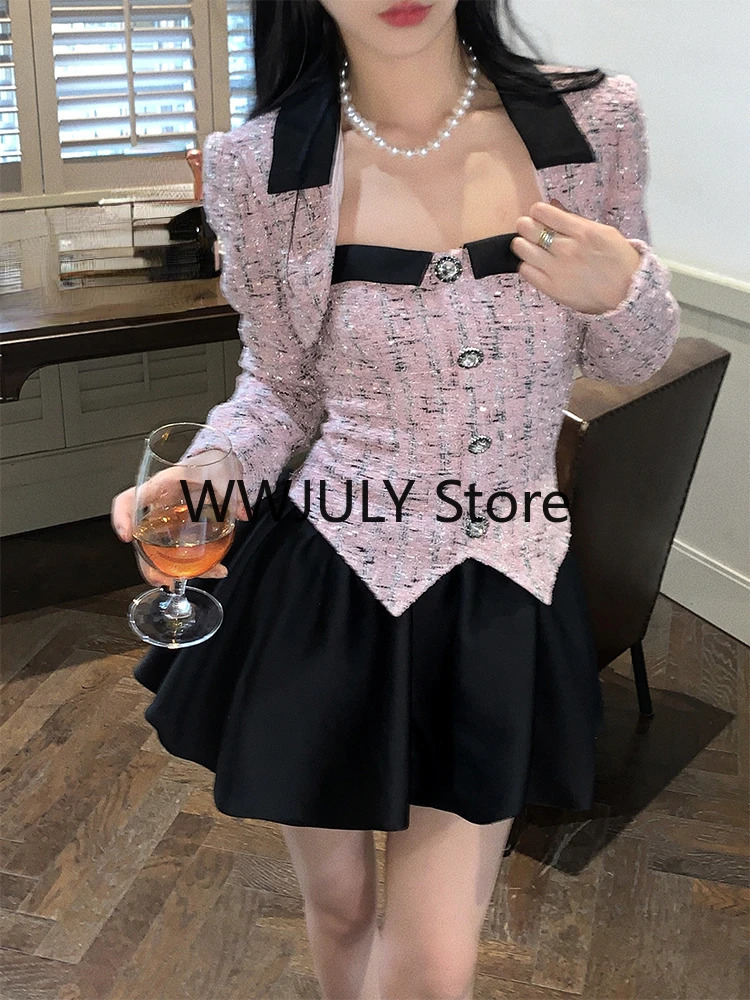 Elegant 2 Piece Dress Set Woman Black Crop Tops Slim Sleeveless Y2k Mini Corest Corset Korean Fashion Suit 2023 Autumn 240402