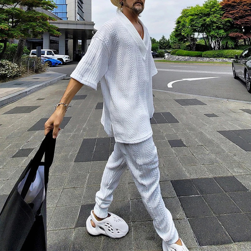 Vintage Knitted Two Piece Mens Set Fashion Loose Solid Short Sleeve V Neck Sweater Tops And Pants Men Suits Casual Knit Outfits 240401