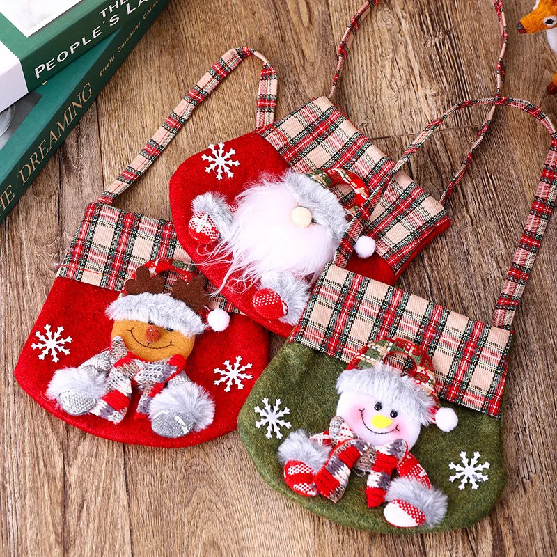 Plaid Cartoon Santa Claus Candy Chocolate Bag Gift Bag Childrens Game Gift Bag Felt Bag Holiday Supplies 241107