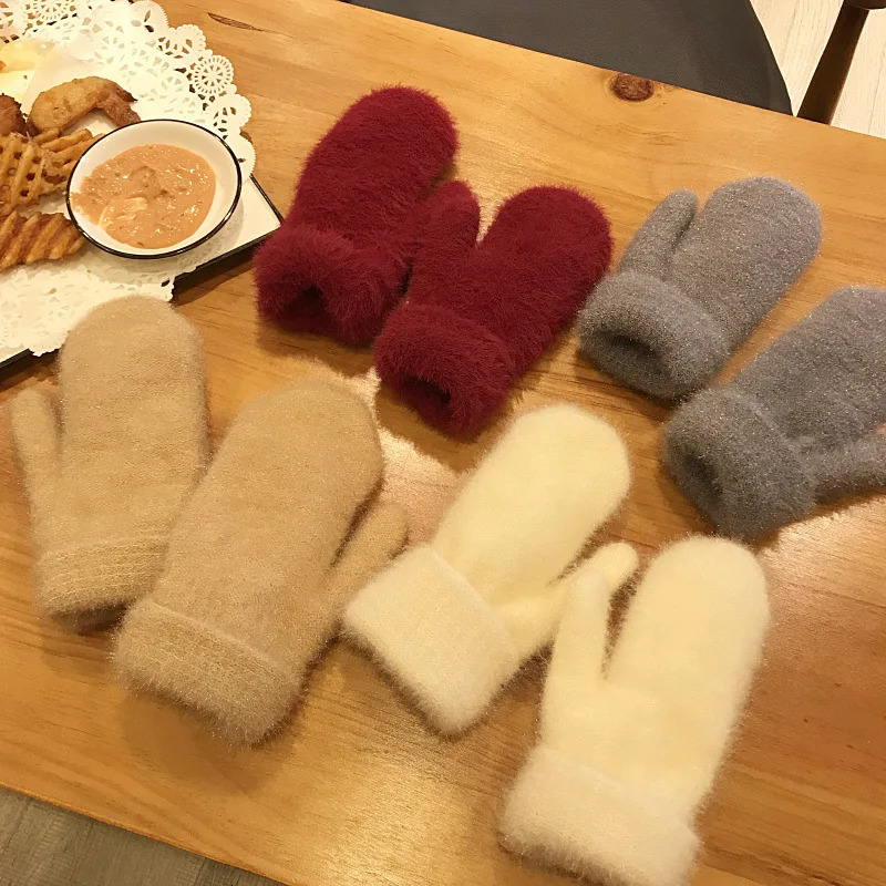 1 pair of winter knitted womens gloves warm and thick with connected fingers womens plush Korean solid full finger cute mink velvet gloves 241107