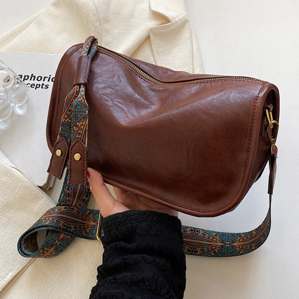 Women Retro Shoulder Bag with Graphic Pattern Wide Strap Fashion Sling Bag Large Capacity Zipper Closure Daily Purse for Female
