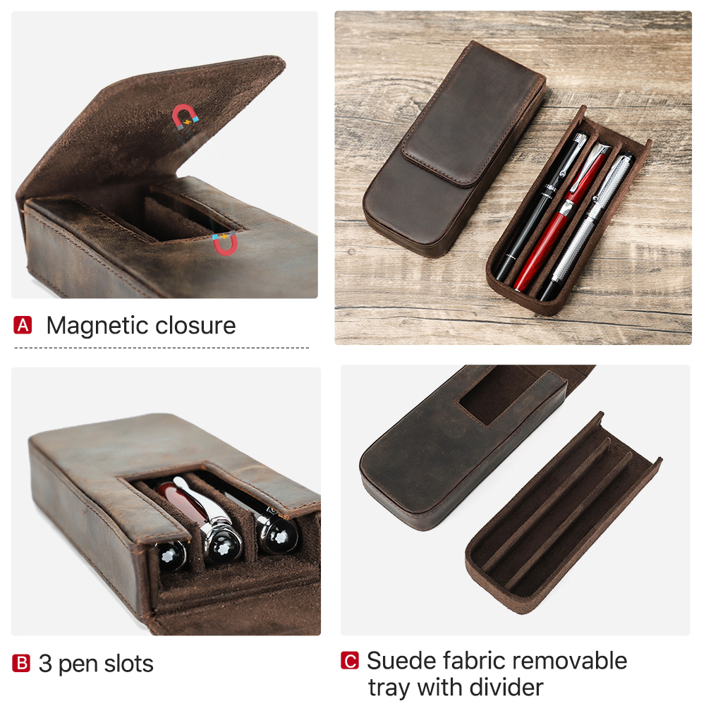 Crazy Horse Leather Pen Case 3 Slots Magnetic Button Pencil Cases School Bag Pen Pouch Box Office Stationery Vintage Style