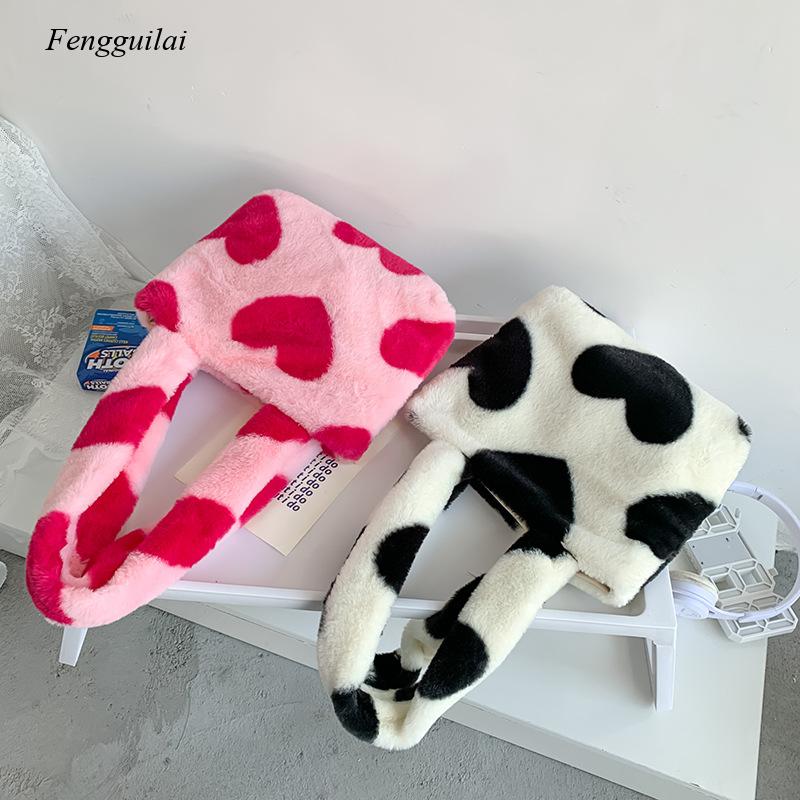 2021 Fashion Women Plush Love Pattern Shoulder Bags Elegant Female Underarm Bags Faux Fur Handbag Furry Fluffy Tote Bags