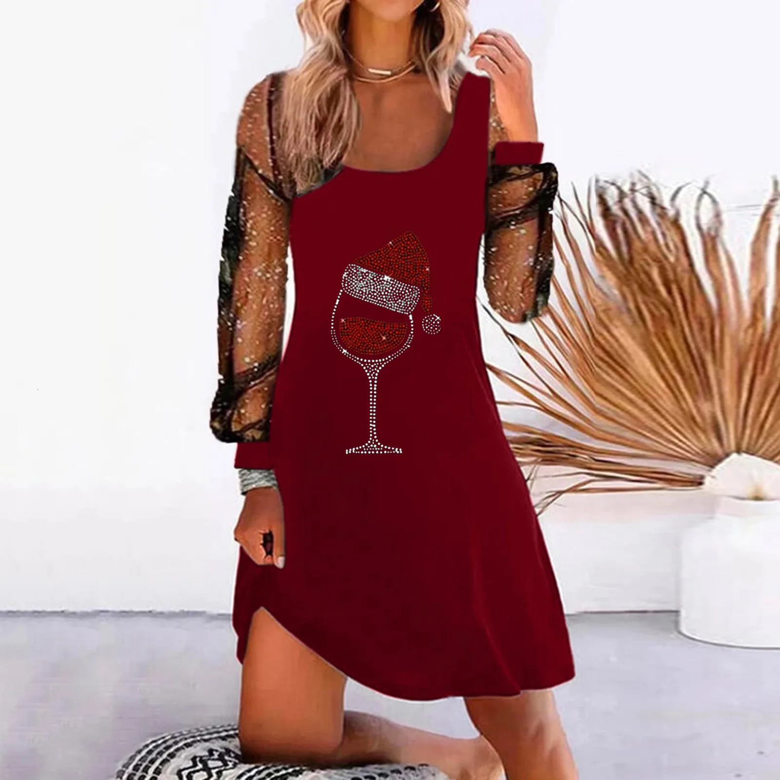 Sequin Mesh Long Sleeve Patchwork Women Dress Christmas Red Hat Wine Glass Print Elegance Party Lady Dresses Cocktail Vestidos 241107