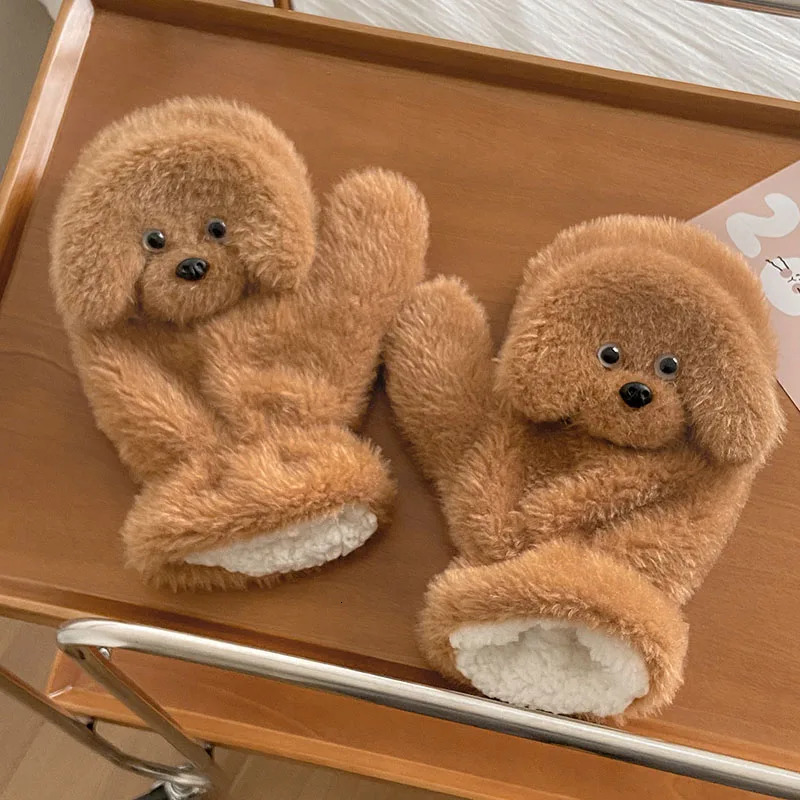 Korean cute cartoon teddy dog double-layer thick warm plush gloves for sports winter outdoor skiing cycling windproof gloves 241107
