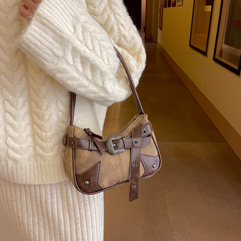 Women Gothic Punk Style Handbag Zipper Closure Rivet Belt Simple Tote Purse Large Capacity Motorcycle Handbag for Street Wear