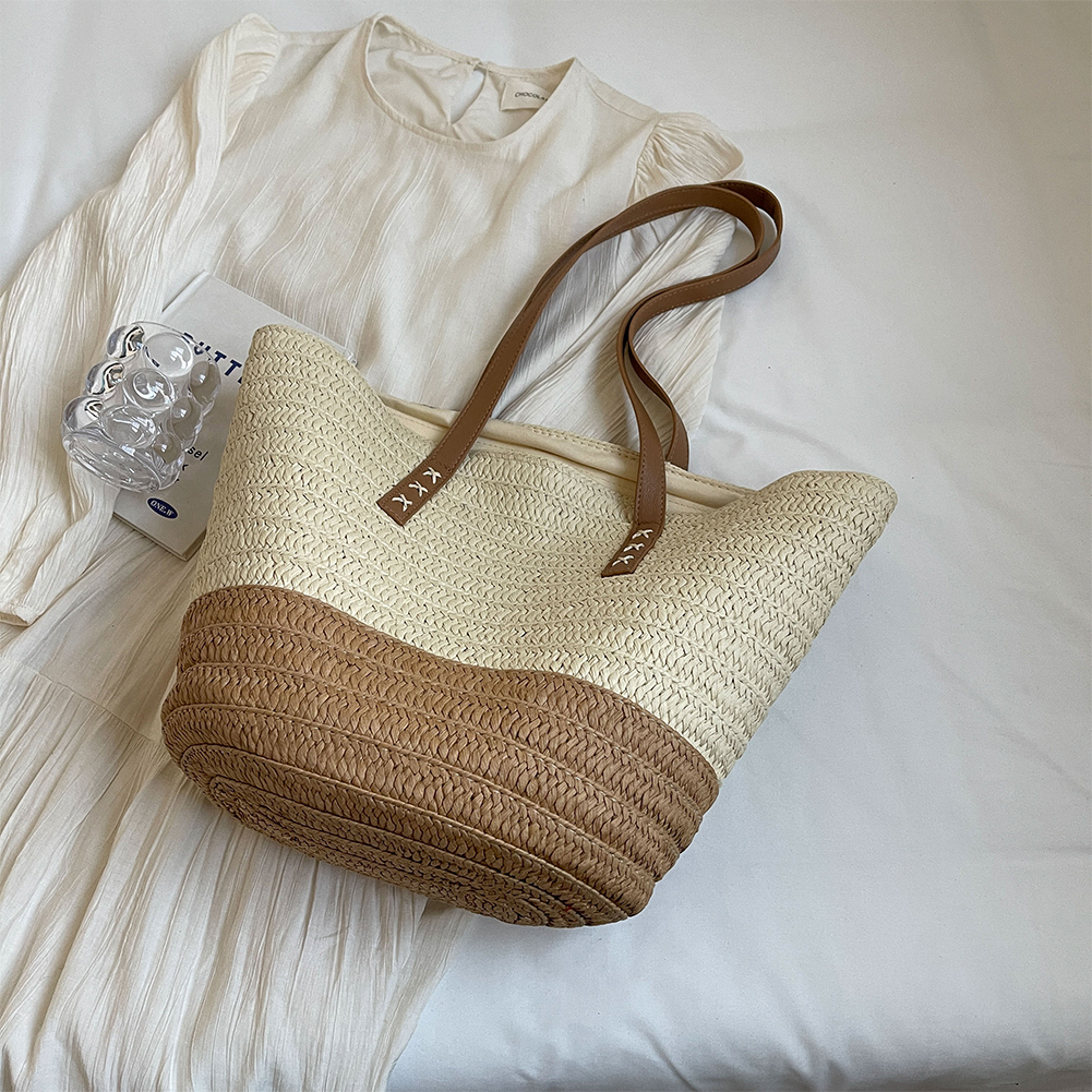 Striped Straw Beach Bag Large Woven Summer Handbag with Zipper Closure Casual Tote Bag Top Handle Bag for Women Outdoor Vacation