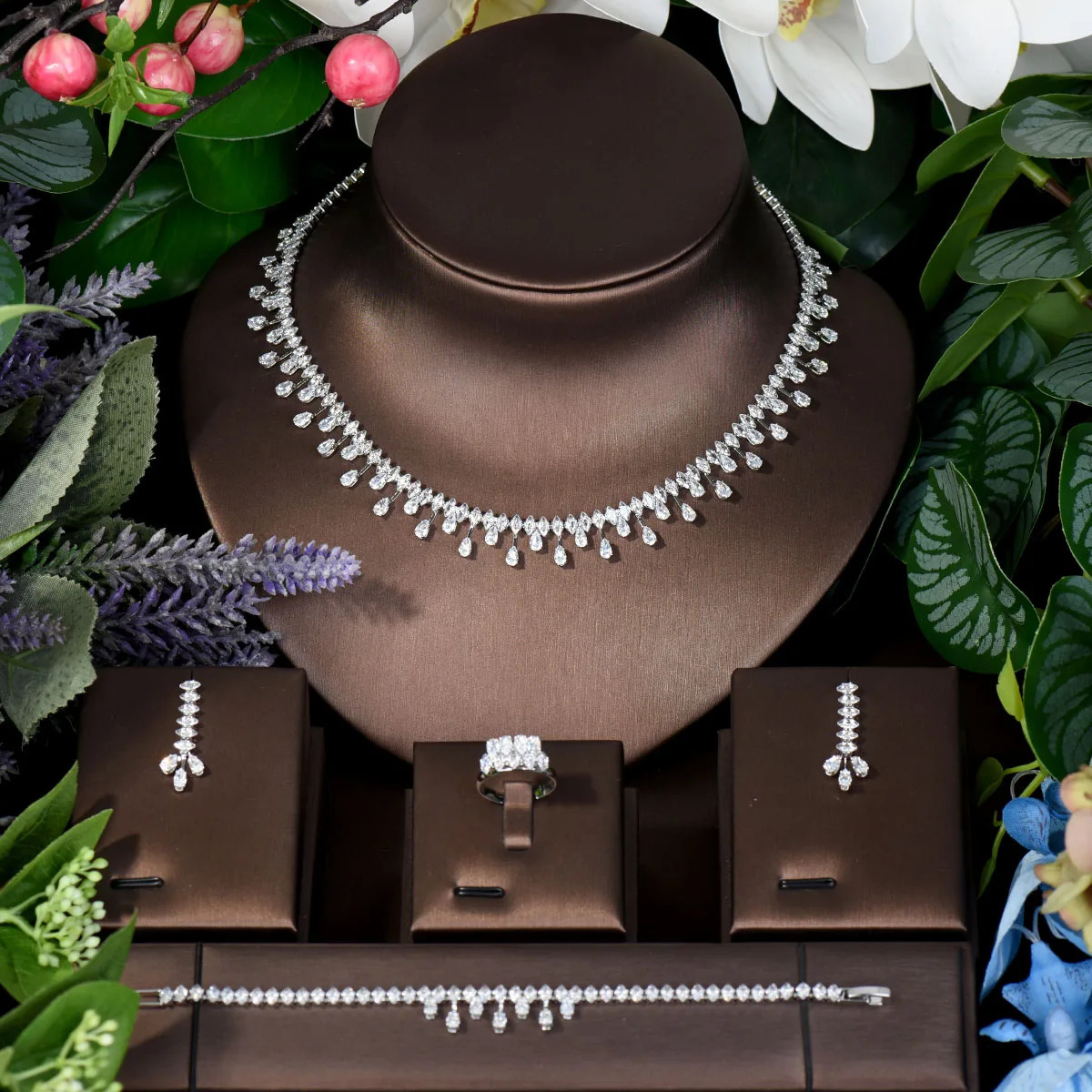 HIBRIDE Simple Water Drop Crystal Cube Zirconia Necklace Earring Set 4-piece African Womens Bead Jewelry Set N-297 241106