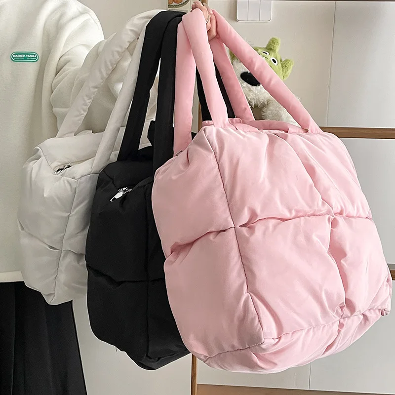 Women Retro Checkered Quilted Shoulder Bag Solid Color Soft Handbags Soft Tote Pink Sapce Padded Underarm Bag