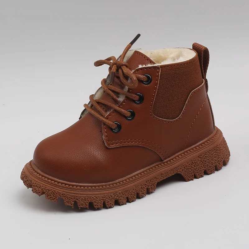 Boys Girls Plus Velvet Warmth Boots British Sle Non-Slip Zipper Design Shoes Children Leather BootsXJ241206