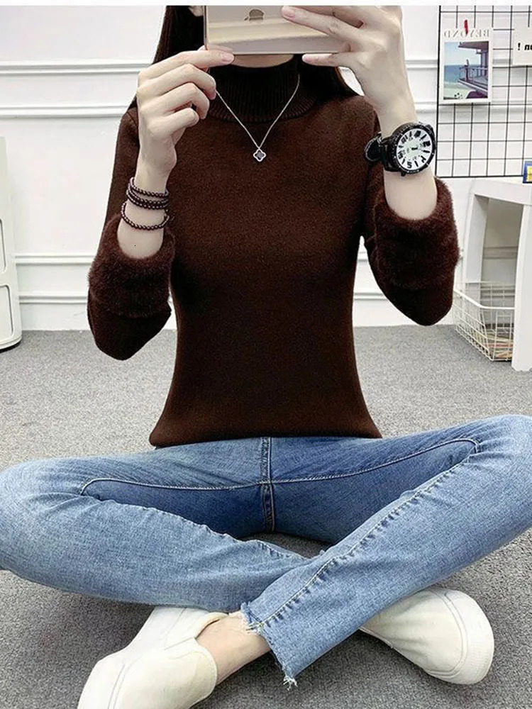 Slim Plush Half Turtleneck Sweaters Womens Knitwears Velvet Warm Jumper Elastic Thick Knitted Pullovers Soft Fleece Suete 241107