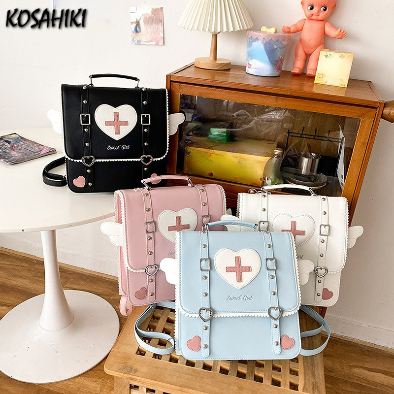 Japanese Cartoon Anime Sweet Backpacks Cute Kawaii Heart Angel Wings Girls JK Schoolbags Y2k Women Preppy Casual Backpack