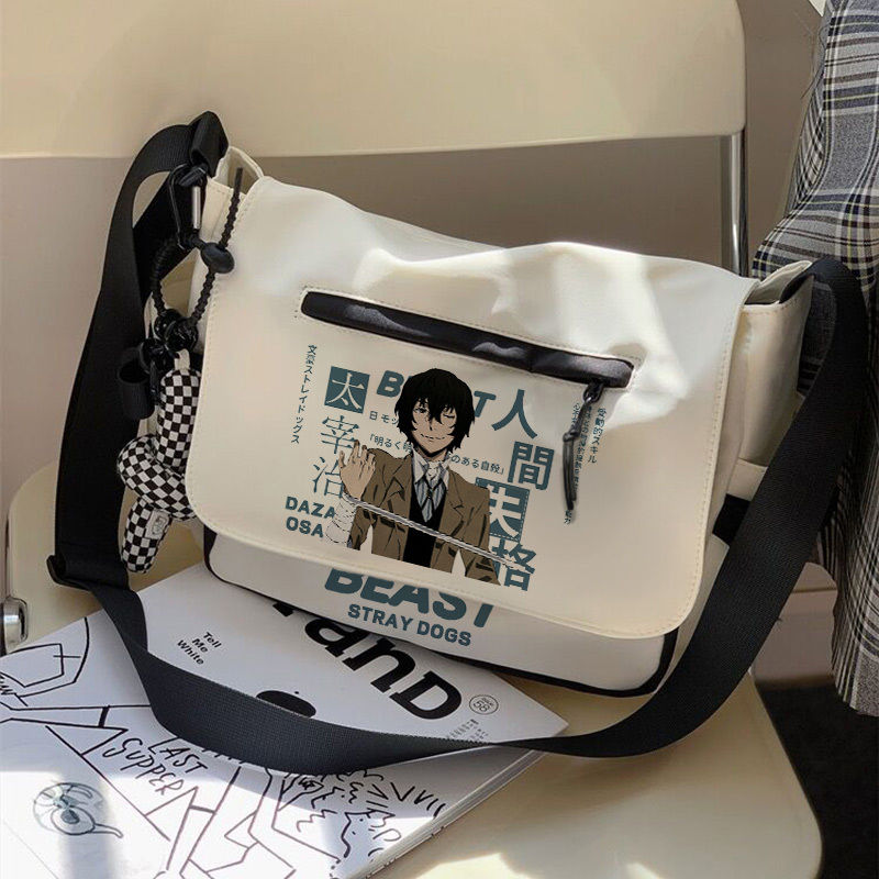 Anime Bungo Stray Dogs Shoulder Bag Black White Messenger Cartoon With Front Zipper Badges Crossbody