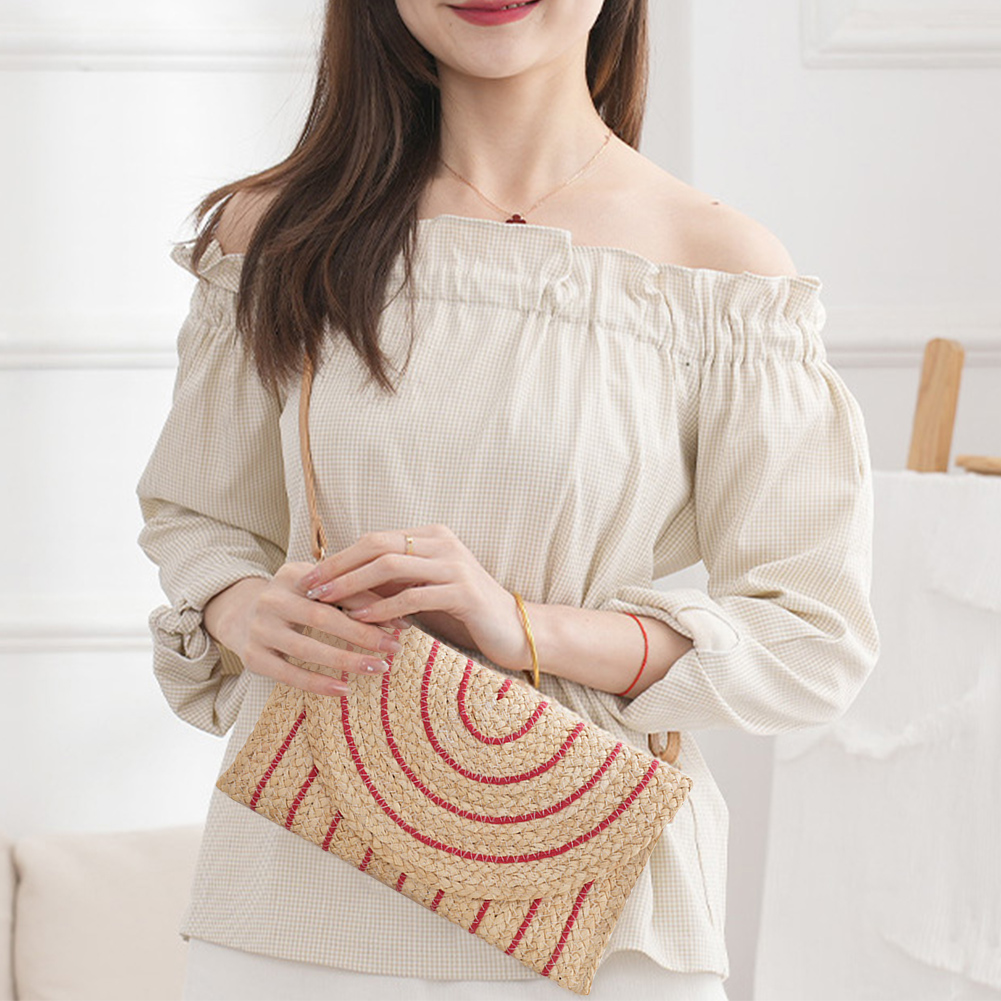 Woven Holiday Travel Handbag with Adjustable Strap Underarm Bag Flap Summer Beach Envelope Wallet Straw Bag for Women and Girls