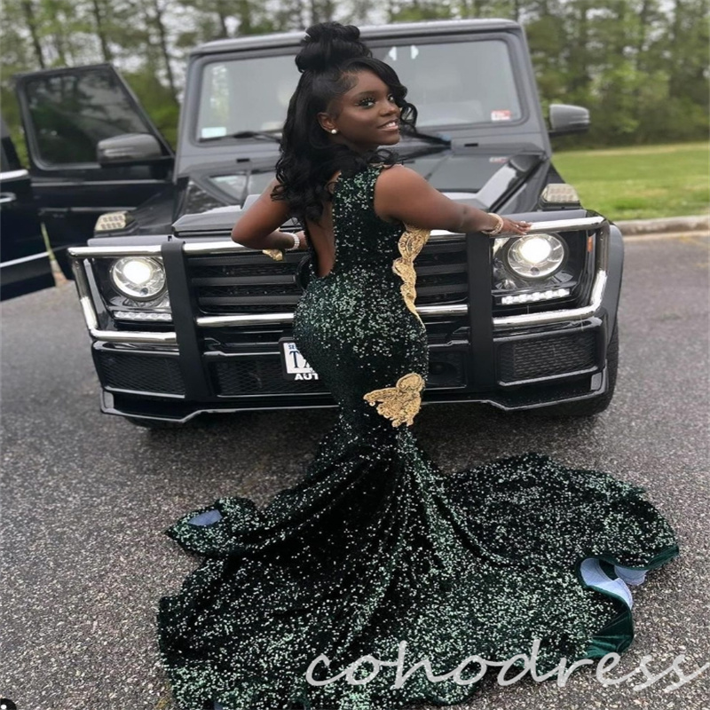 Green And Gold Prom Dresses For Black Girls Sparkle Sequin Mermaid Evening Dress Plus Size African O Neck Floor Length Birthday Dress Special Occason 