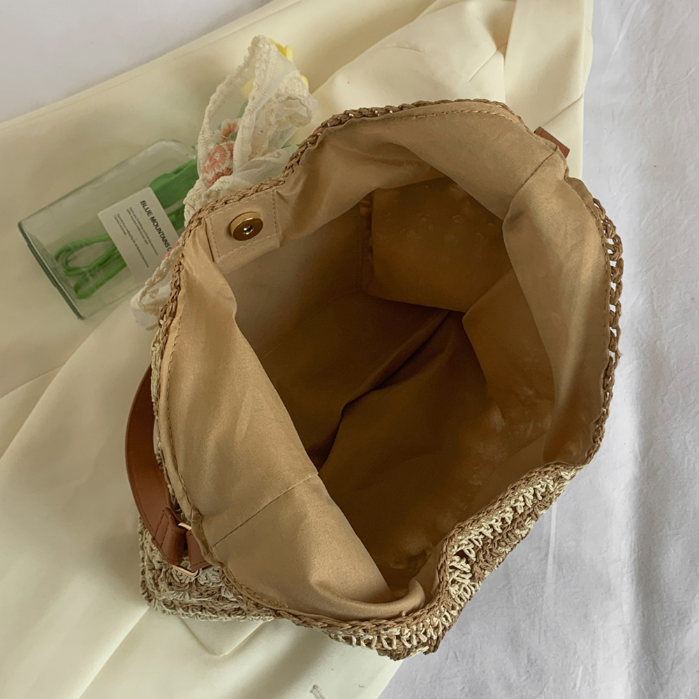 Women Straw Woven Tote Bag Simple Shopping Bag Large Capacity Summer Crochet Shoulder Bag with Bow Patchwork for Outdoor Travel