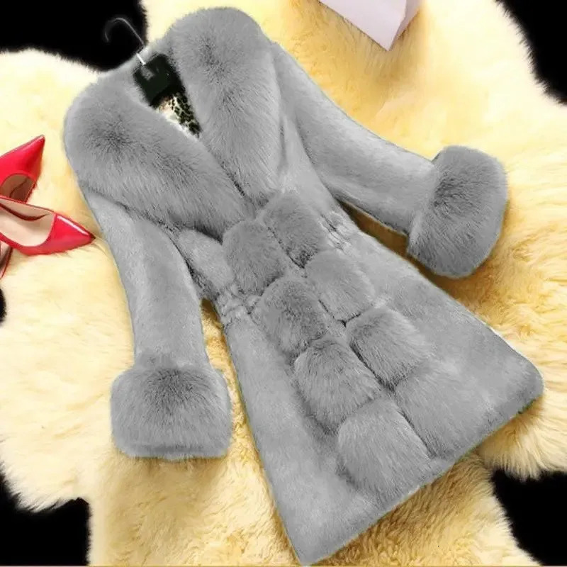 Retro Autumn/Winter Womens Medium length Wool Coat Artificial Fur Fox Fur Collar Mink Coat Thick Elegant 408 241107