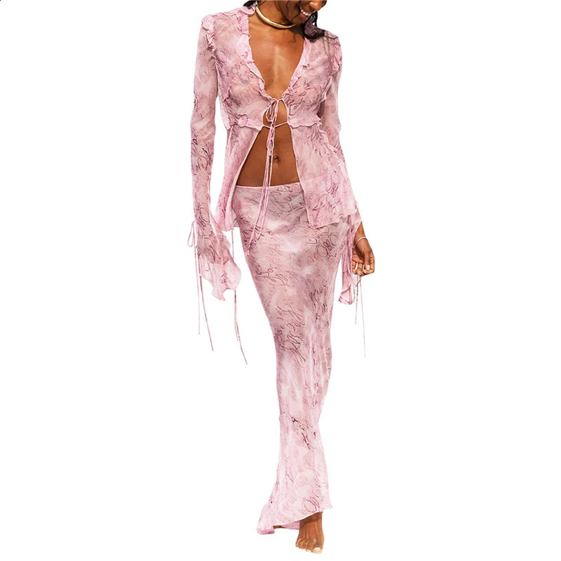 Xingqing Ruffle 2 Piece Set Women Floral Print Long Sleeve Mesh Crop Top and Low Waist Skirt Fairy Grunge Outfit Clubwear 240401