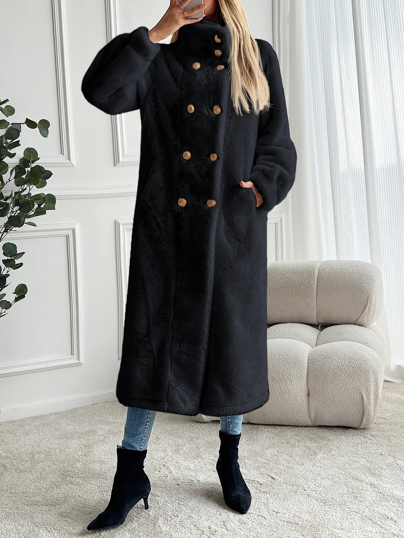 Artificial fur coat long coat womens lapel double-layer loose warm high-end atmospheric coat jacket for autumn and winter 24 241107