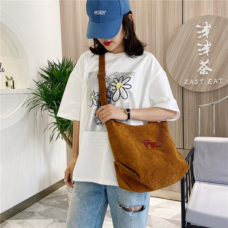 Women Striped Corduroy Bags Letters Embroidery Canvas Zipper Crossbody & Shoulder Bag Eco Cloth Purse Solid Handbags For Ladies