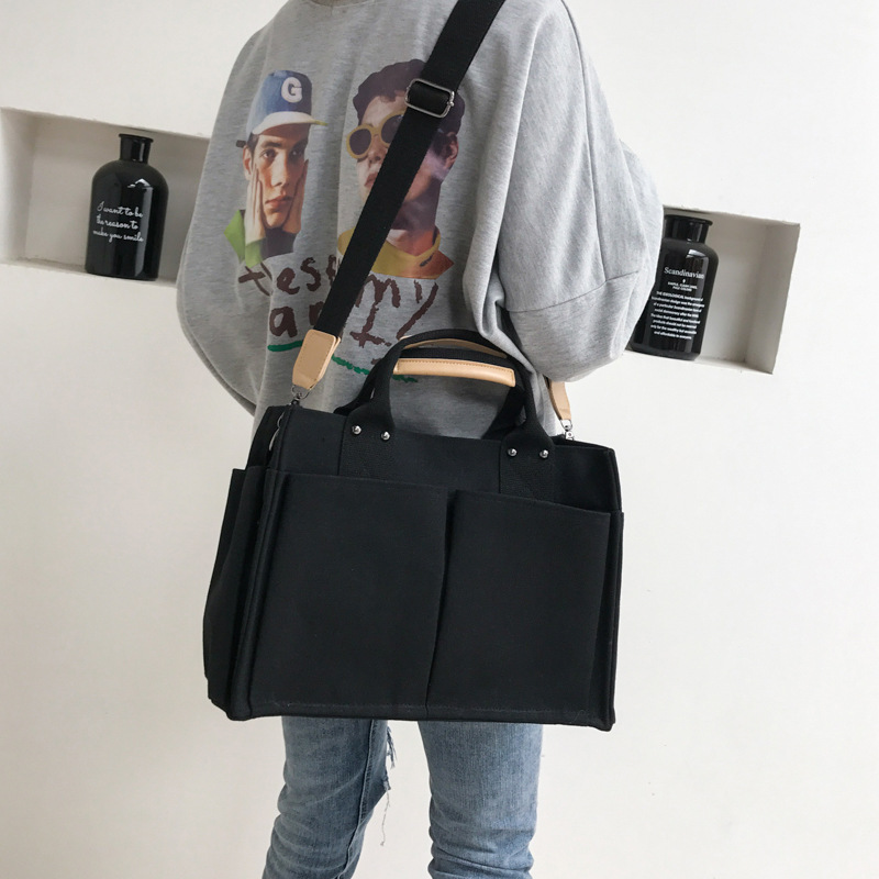 Women Casual Canvas Shoulder Bag Ladies Exterior Pockets Crossbody Messenger Bags Solid Thick Cotton Cloth Purses Girls Handbags