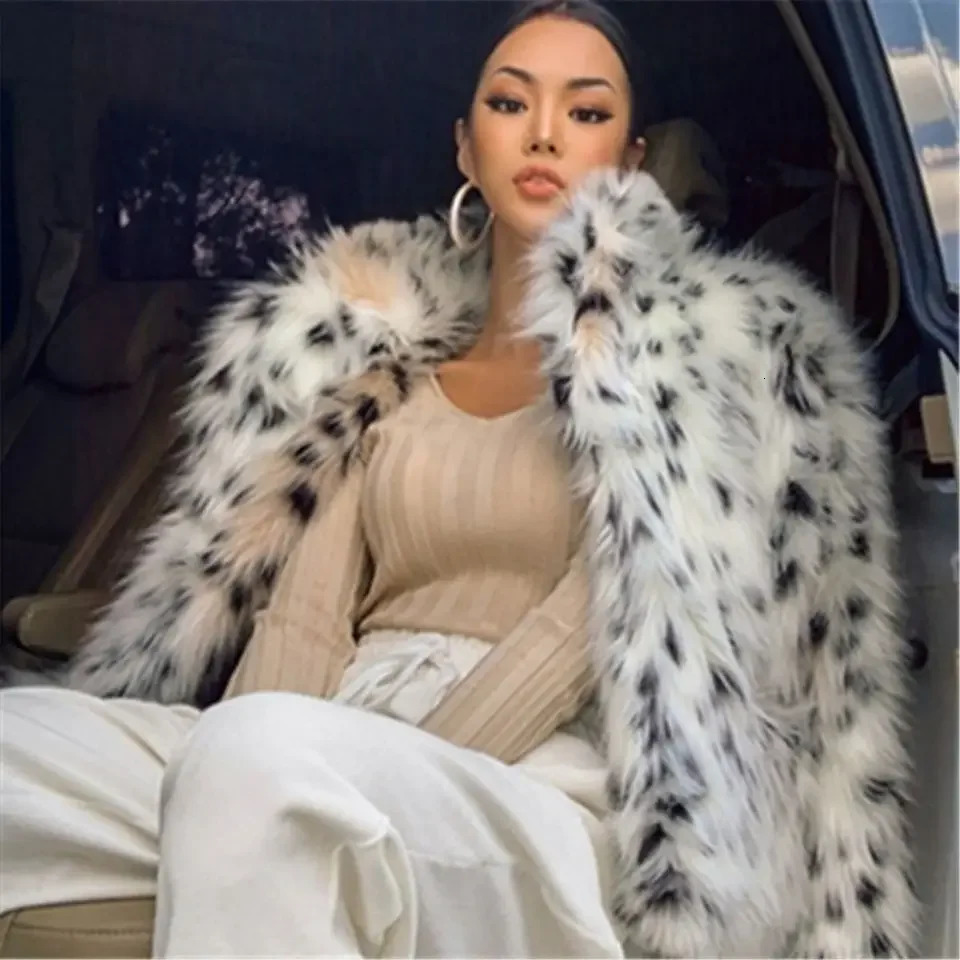 faux mink leopard print coat womens lapel plush fox fur bomber jacket spotted cardigan top 241107