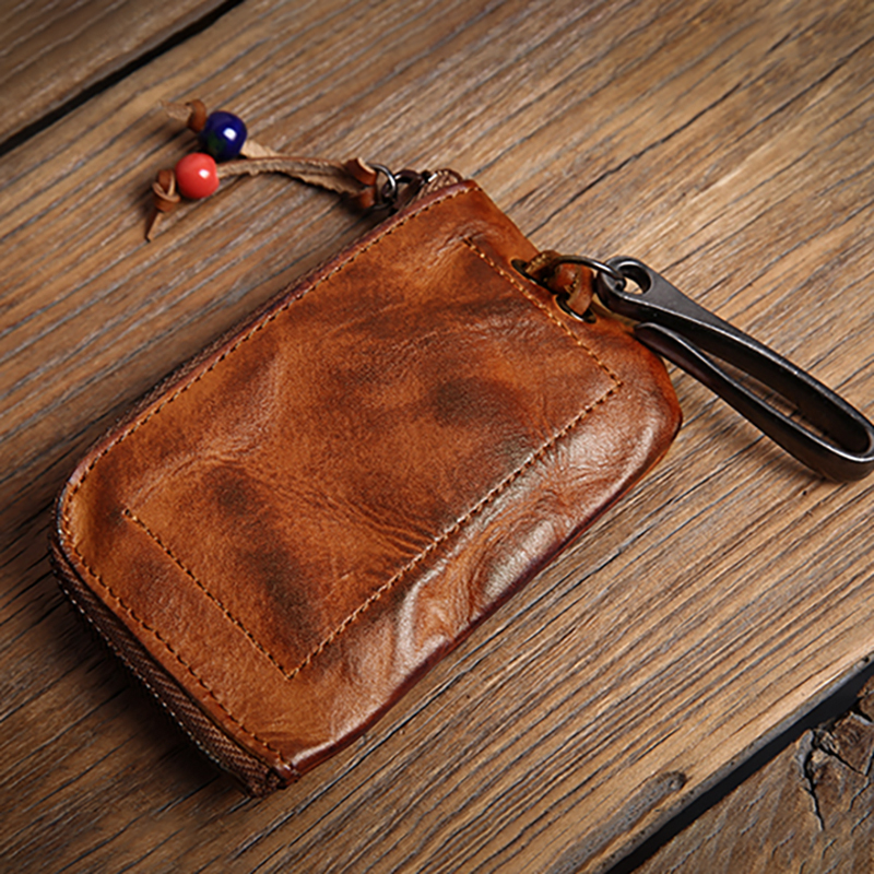 ROOG Men's Genuine Leather Home Car Key Bag Vintage Key Chain Luxury Cowhide Coin Purse Women's Zipper Mini Wallet Card Holder
