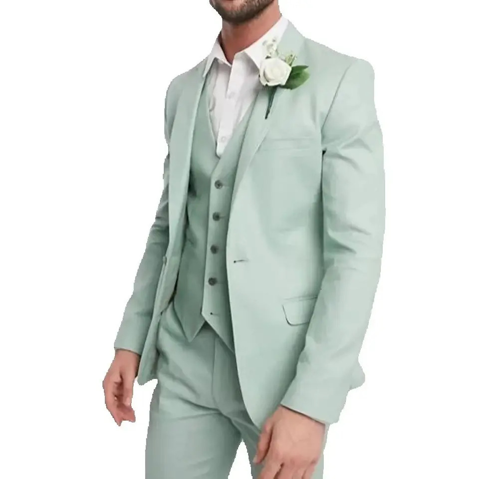 Mint green notch lapel mens wedding dress and evening gown custom elegant jacket fashion 3-piece set jacketpantsvest clothing 241106