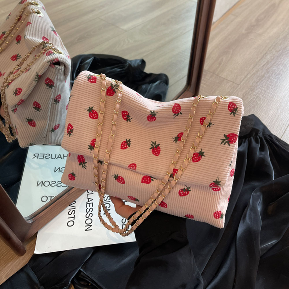 Women Corduroy Crossbody Bag Hasp Closure Strawberry Stylish Handbag Large Capacity Chic Hobo Bag Chain Strap for Outdoor Travel
