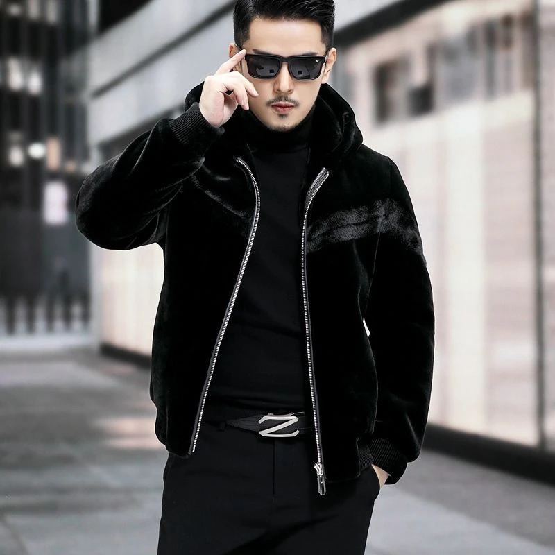 mens autumn and winter fashion faux mink coat mens long sleeved hooded jacket mens faux fur ultra-thin warm jacket I551 241107