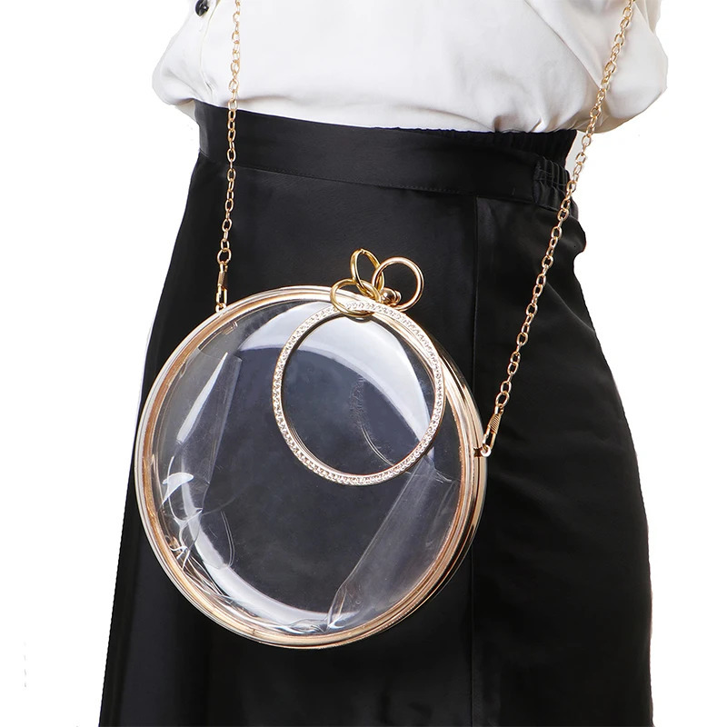 YYW Acrylic Ball Shoulder Bag Womens 2024 Cross shaped Bag PVC Handbag with Chain Transparent Night Clutch 241106