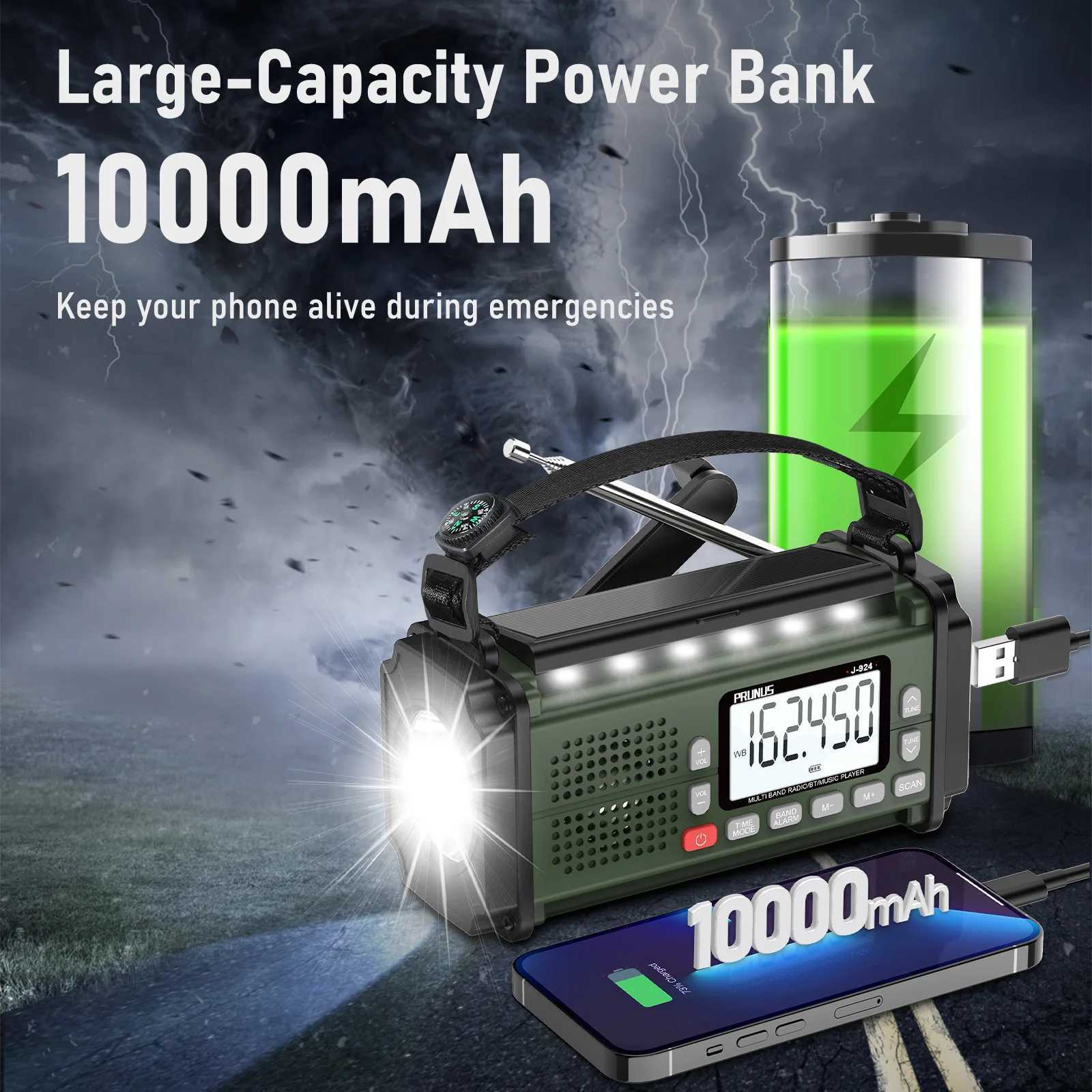 Radio PRUNUS 924 10000mAh Hand Crank Ra AAA Batteries Powered Emergency Ra Solar NOAA Weather Ra AM/FM/SW Power Bank Light Z241106