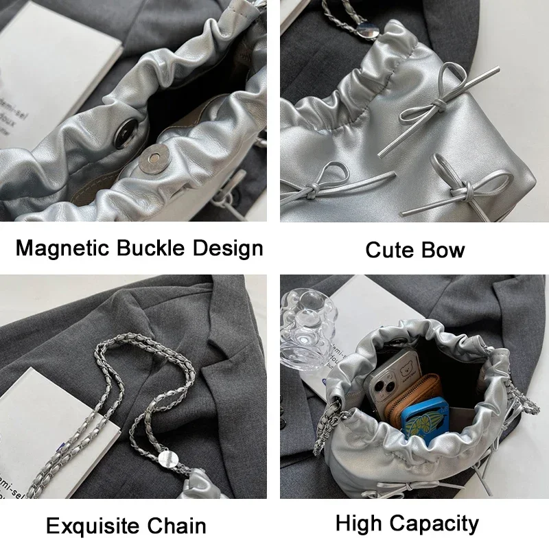 Cute Small Bow Tie Design Crossbody Bags for Women 2024 New Silver Handbags PU Leather Shoulder Bag Bucket Purses