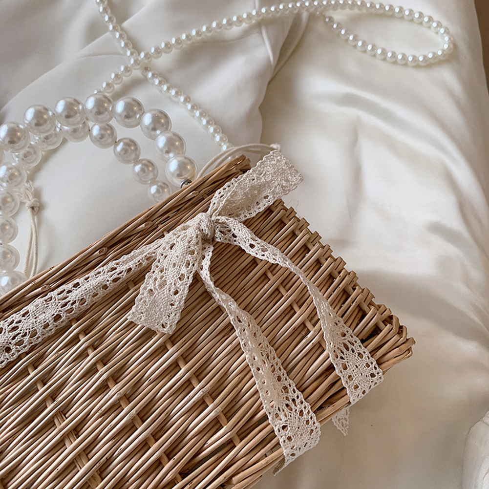 Small Beach Handbags Women Summer Bags Fashion Rattan Woven Lace Pearl Basket Shoulder Women Drawstring Tote Bags