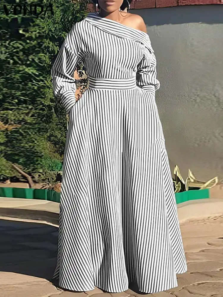 VONDA Women Elegant Striped Maxi Dress Bohemian Sundress Casual Loose Off Shoulder Long Sleeve Party Vestidos Robe Femme 240329