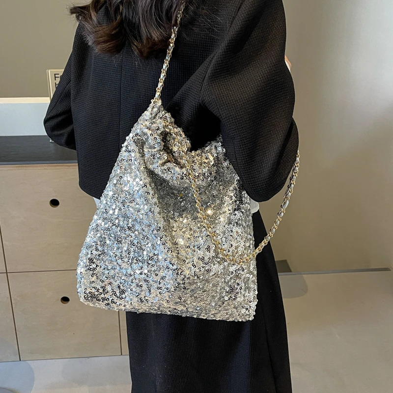 PU sequin chain shoulder bag buckle solid fashionable womens bag high-quality soft Versatile high-capacity womens bag 241106