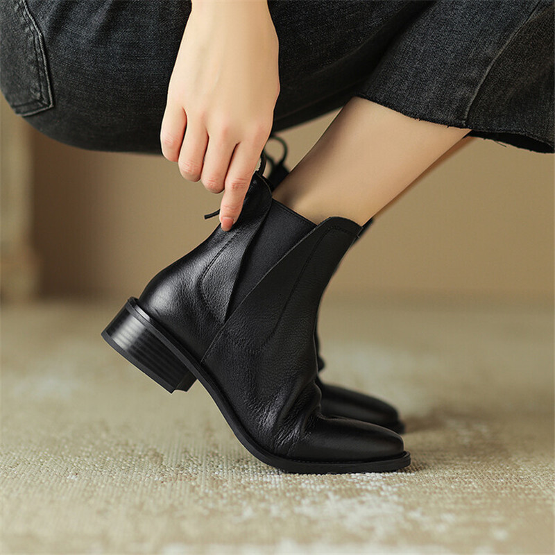Genuine Leather Short Autumn/Winter Shoes Round Toe Chunky Heel For Women Fashion Retro Ankle Boots Handmade
