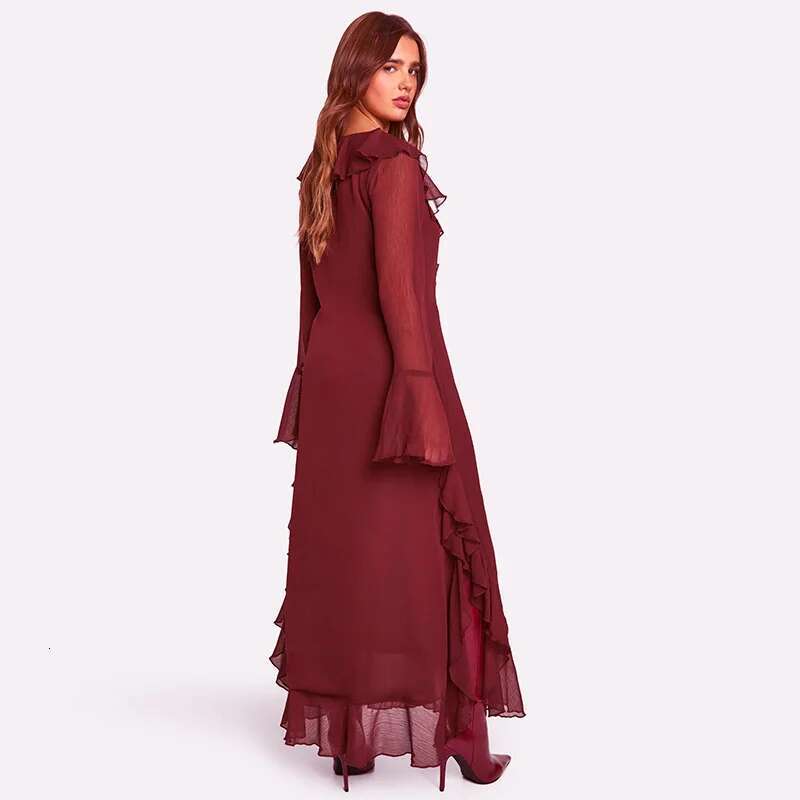 Talenza Ruffled Mesh Women's Red V-Neck Long Sleeve Elegant Maxi Skirt High Waist Vintage Patchwork Robe Party Dress
