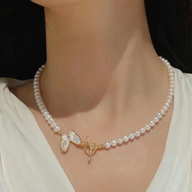 ly arrived genuine freshwater womens pearl necklace gold-plated natural small pearl necklace Korean jewelry 241107