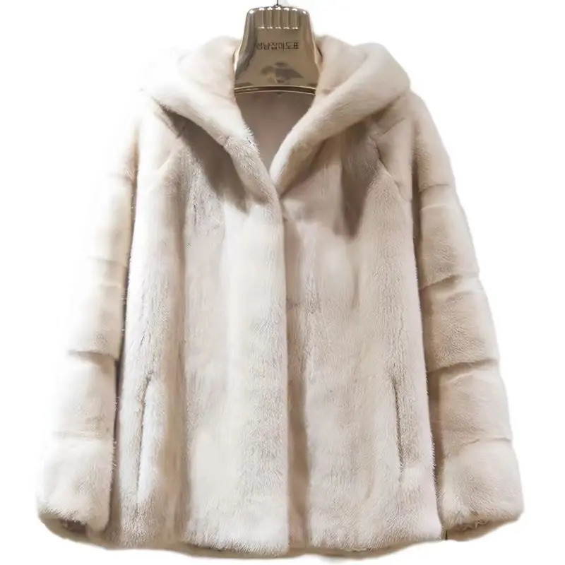 Womens faux mink coat hooded long jacket thick warm clothing batwing sleeves high quality autumn/winter 241107