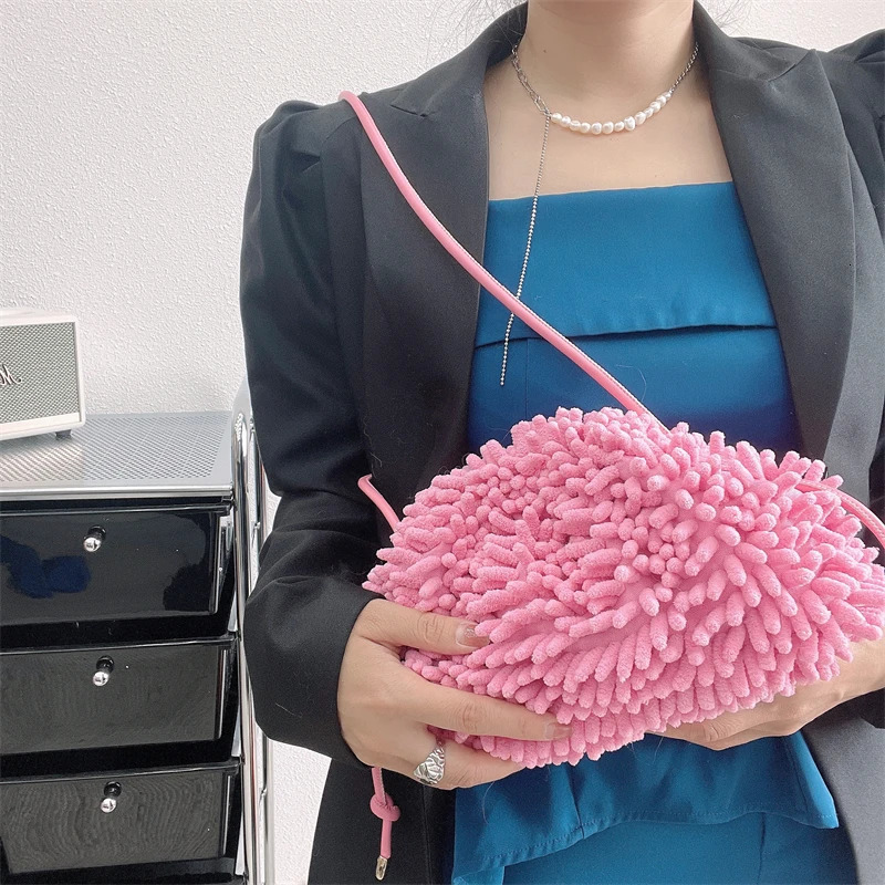 autumn and winter mop plush cloud fuzzy bag candy colored garbage bag cute and fashionable cotton candy handbag cross body bag 241106