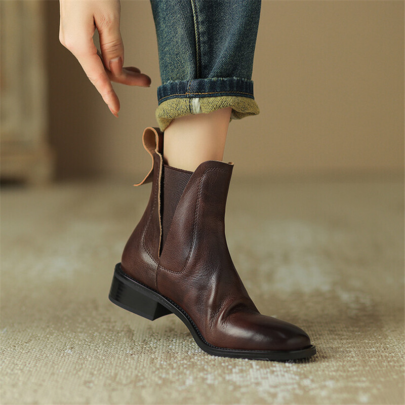 Genuine Leather Short Autumn/Winter Shoes Round Toe Chunky Heel For Women Fashion Retro Ankle Boots Handmade
