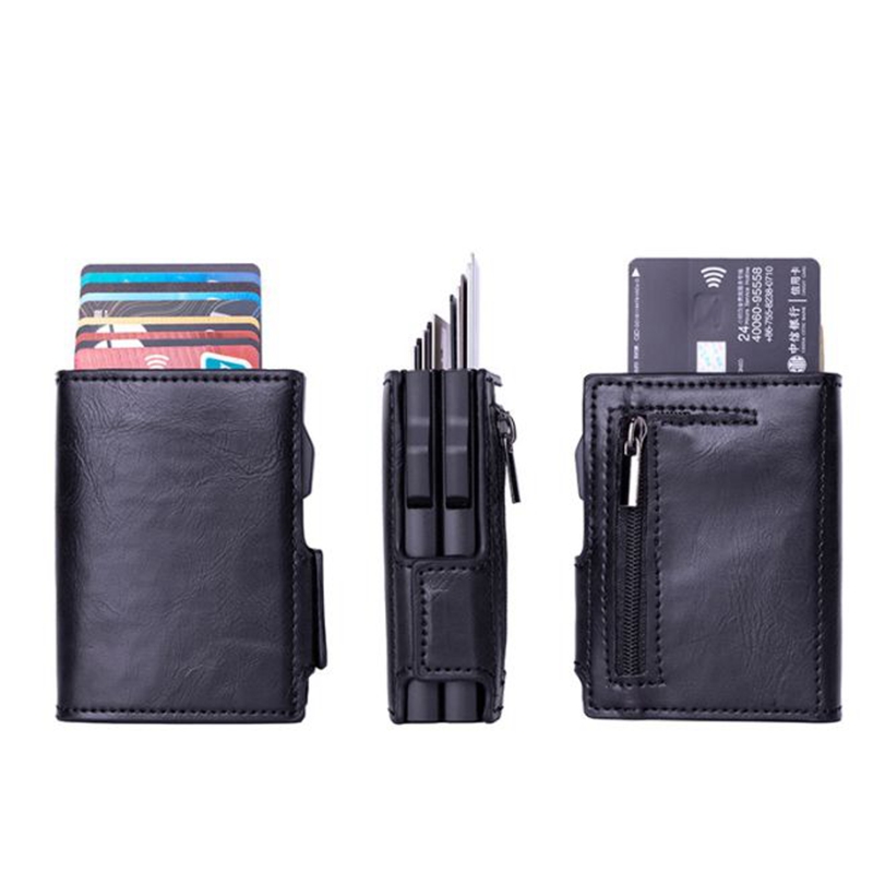 Large Capacity Leather Card Wallet for Men Air Airtag Rfid Double Aluminum Auto Pop Up Card Holder with Zipper Coin Pocket Purse