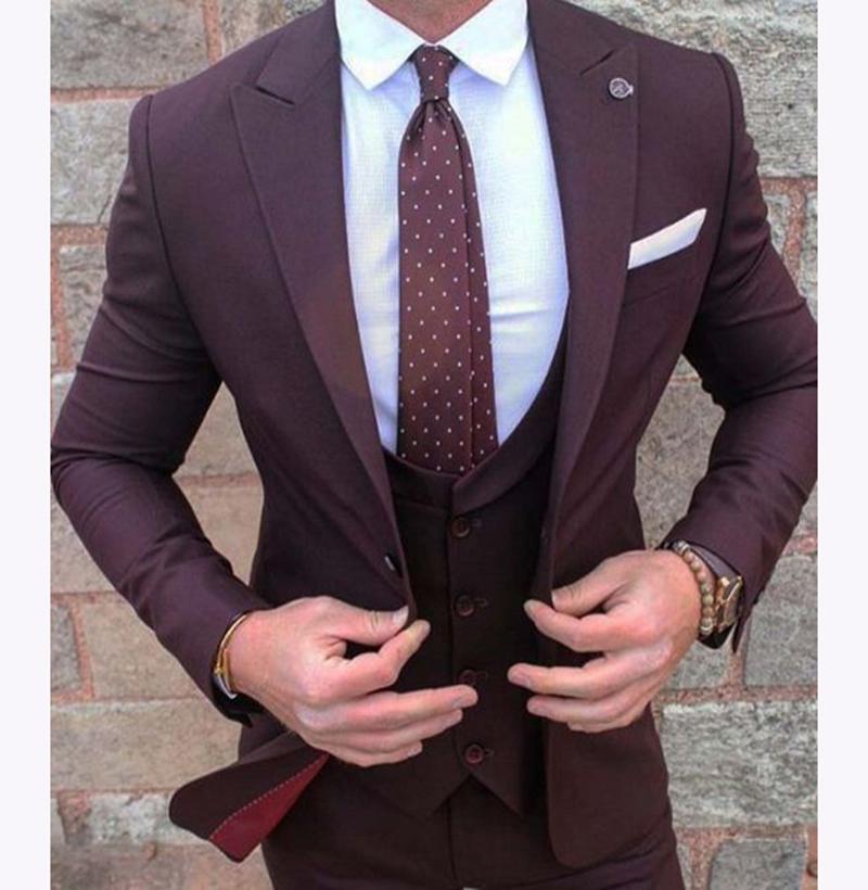 Dark Burgundy Groom Tuxedos Wedding Prom Dinner Groomsmen Business Suits Blazer Jacket Waistcoat Trousers 3 Sets W1884