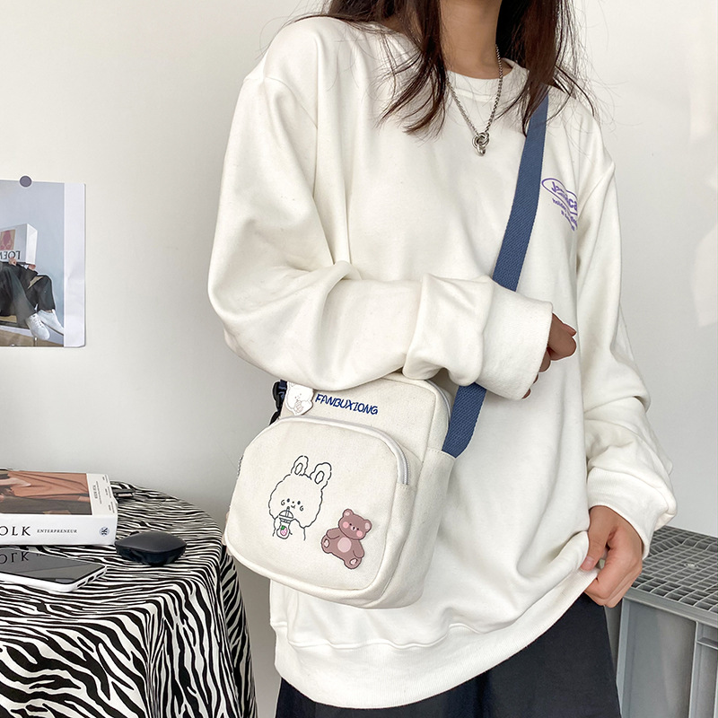 Small Women Canvas Shoulder Bags Korean Cartoon Print Fashion Bear Rabbit Mini Cloth Handbags Phone Crossbody Bag for Cute Girl