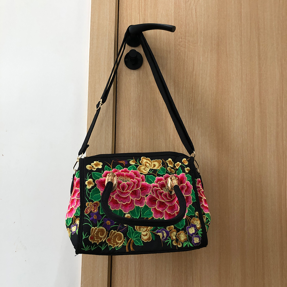 Veowalk Bohemian Women Floral Embroidered Canvas Handbag Vintage Ladies Casual Ethic Boho Shopping Zipper Shoulder Travel Bag